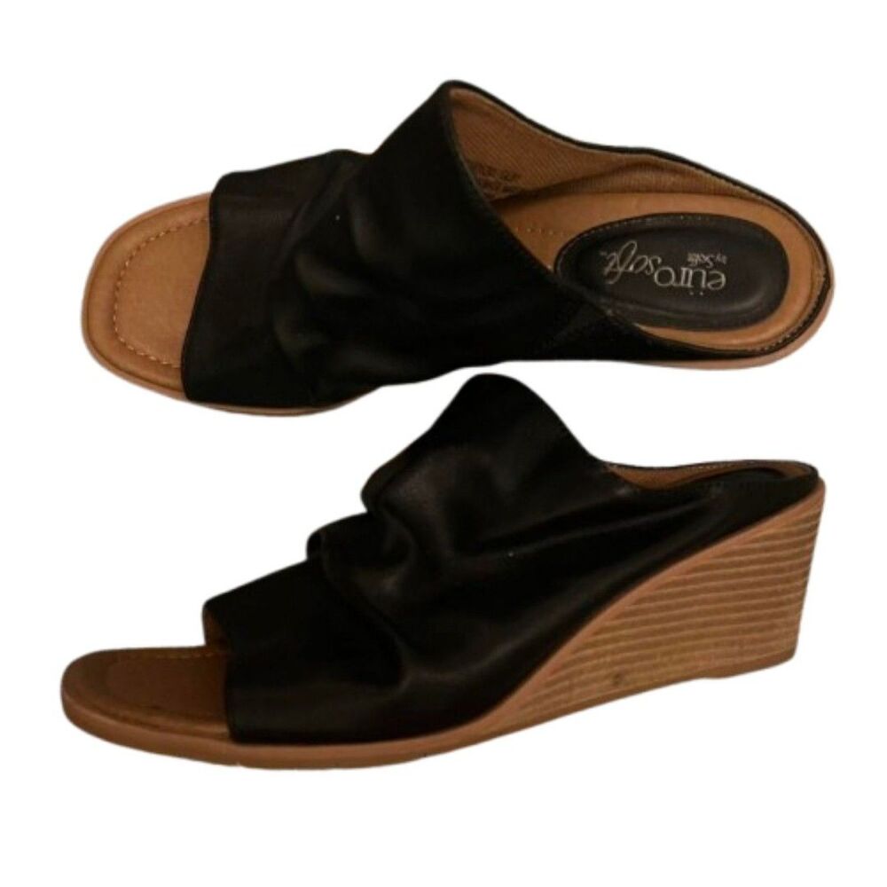 EuroSoft by Sofft Black Ruched Slip-On Wedge Sandals